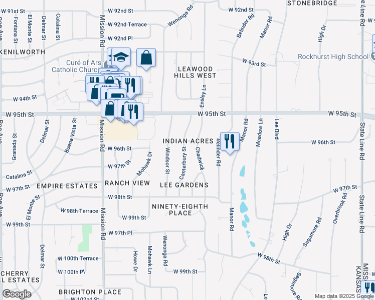 map of restaurants, bars, coffee shops, grocery stores, and more near 9535 Canterbury Street in Leawood