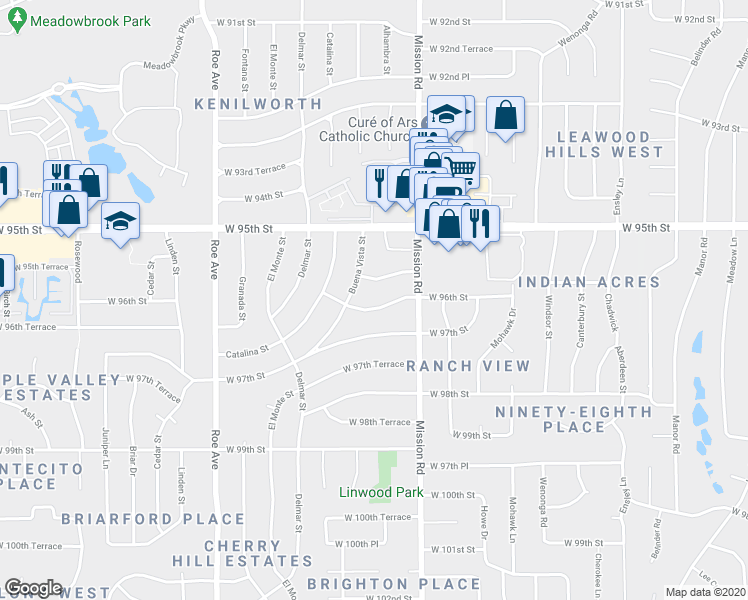 map of restaurants, bars, coffee shops, grocery stores, and more near 4001 West 95th Terrace in Overland Park