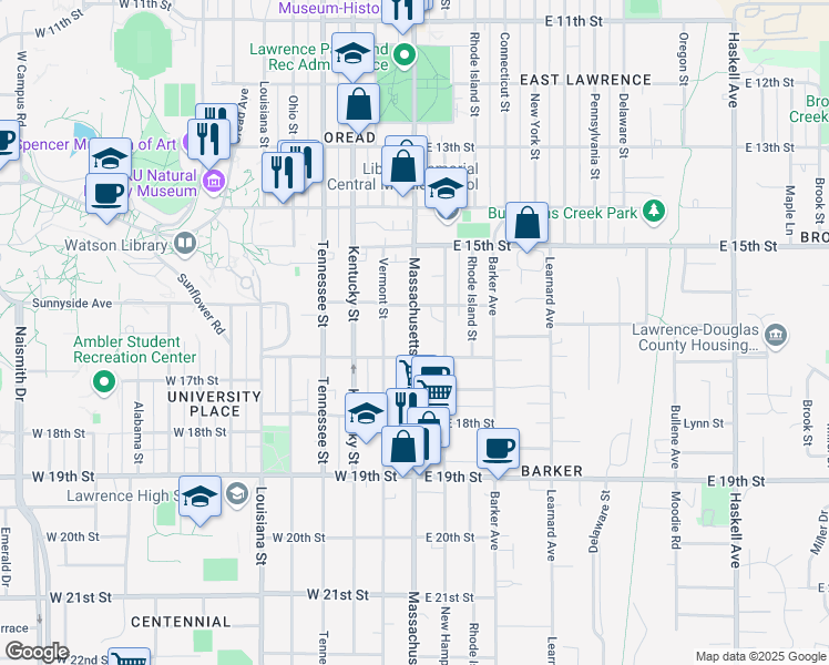 map of restaurants, bars, coffee shops, grocery stores, and more near 1603 Massachusetts St in Lawrence