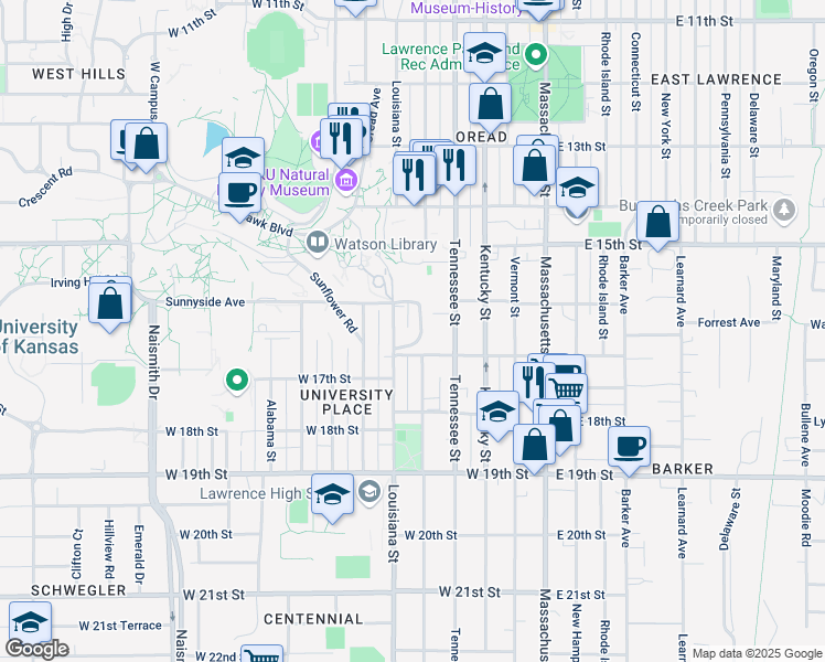 map of restaurants, bars, coffee shops, grocery stores, and more near 1601-1625 Edgehill Rd in Lawrence