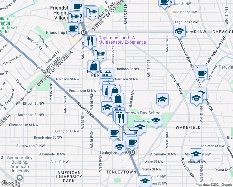 map of restaurants, bars, coffee shops, grocery stores, and more near 4120 Fessenden Street Northwest in Washington