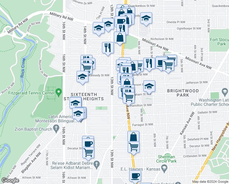 map of restaurants, bars, coffee shops, grocery stores, and more near 5307 13th Street Northwest in Washington
