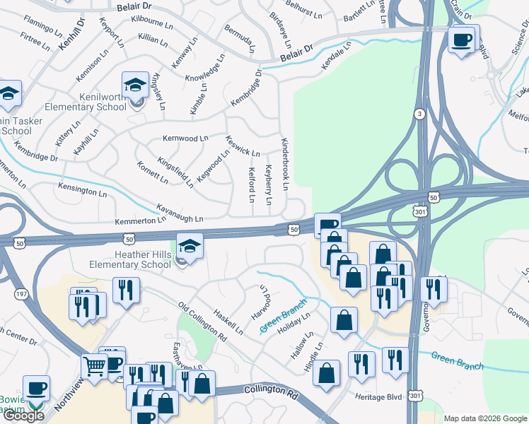 map of restaurants, bars, coffee shops, grocery stores, and more near 2410 Kinderbrook Lane in Bowie