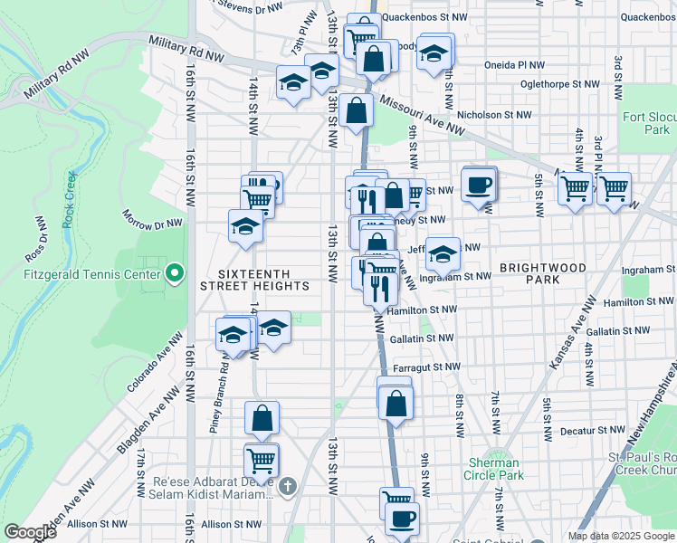 map of restaurants, bars, coffee shops, grocery stores, and more near 5307 13th Street Northwest in Washington