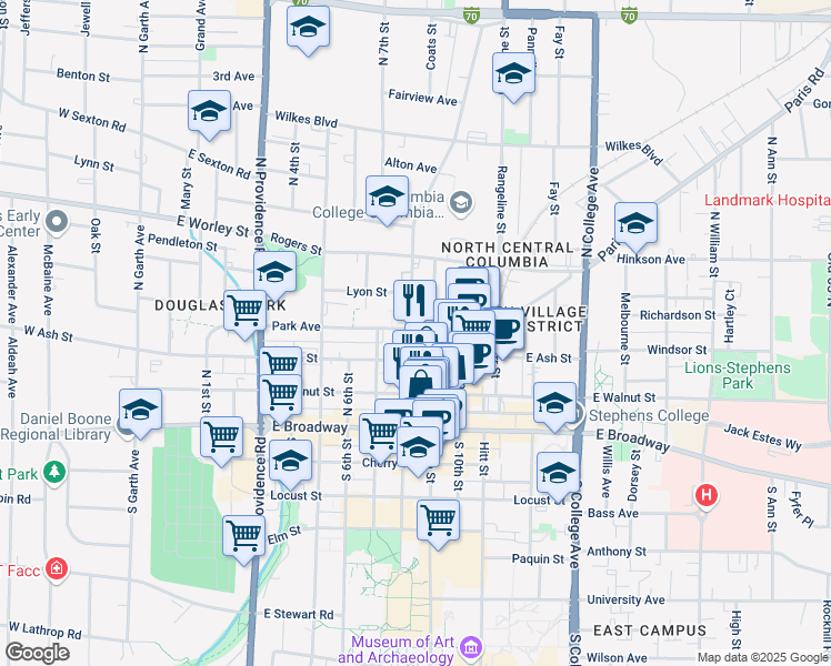 map of restaurants, bars, coffee shops, grocery stores, and more near 224 North 8th Street in Columbia