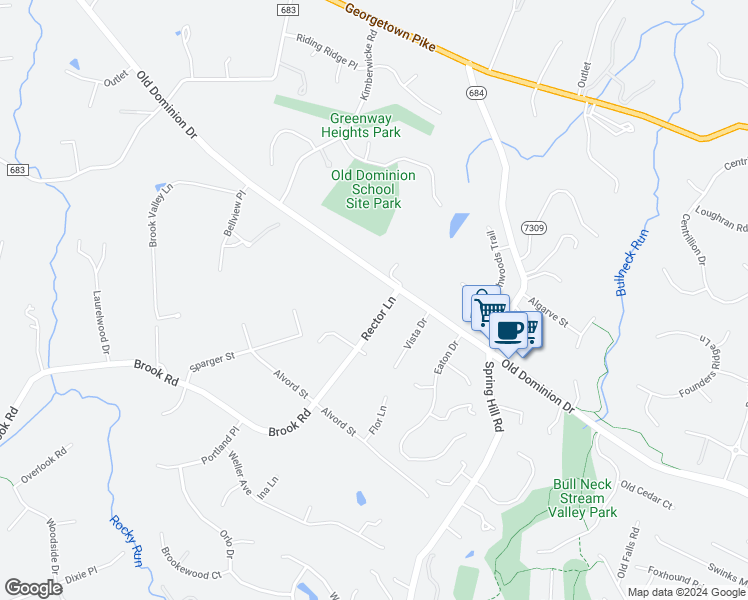 map of restaurants, bars, coffee shops, grocery stores, and more near 1048 Rector Lane in McLean