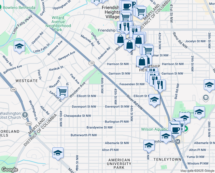 map of restaurants, bars, coffee shops, grocery stores, and more near 4536 Fessenden Street Northwest in Washington