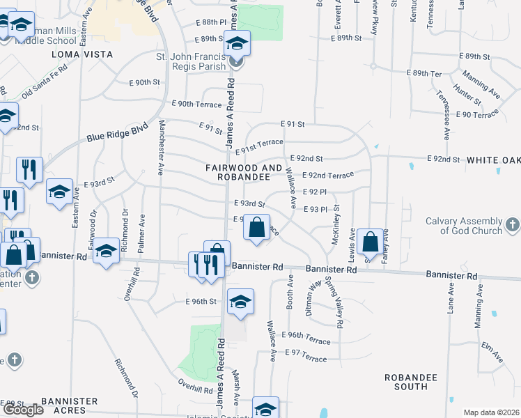 map of restaurants, bars, coffee shops, grocery stores, and more near 9215 Marsh Avenue in Kansas City