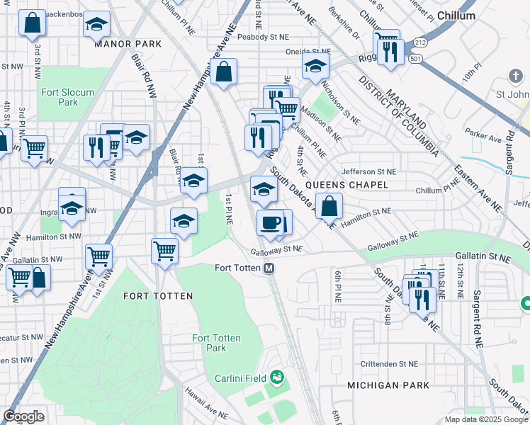 map of restaurants, bars, coffee shops, grocery stores, and more near 5450 3rd Street Northeast in Washington