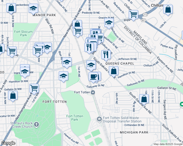 map of restaurants, bars, coffee shops, grocery stores, and more near 5450 3rd Street Northeast in Washington