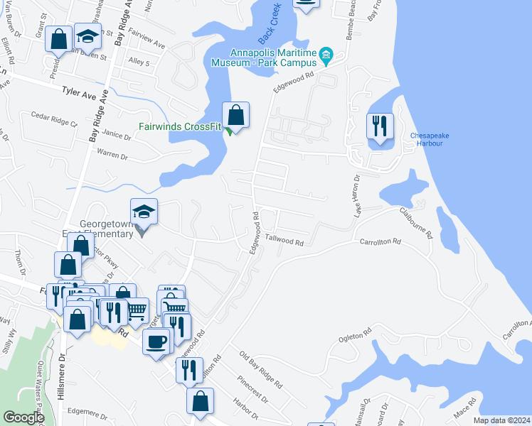 map of restaurants, bars, coffee shops, grocery stores, and more near 11 Edgewood Green Court in Annapolis