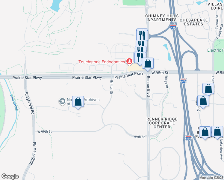 map of restaurants, bars, coffee shops, grocery stores, and more near Britton Street in Lenexa