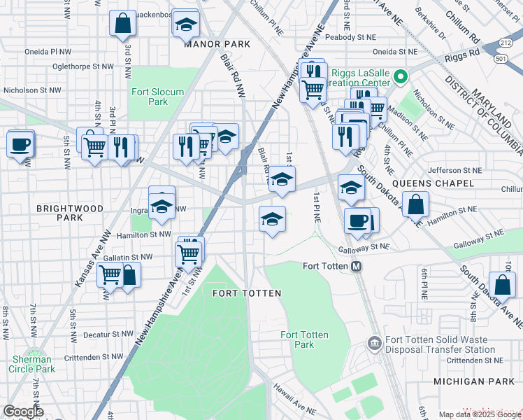 map of restaurants, bars, coffee shops, grocery stores, and more near 101 Independence Avenue Southeast in Washington