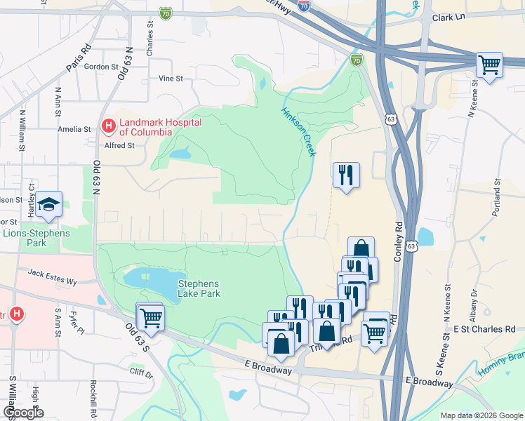 map of restaurants, bars, coffee shops, grocery stores, and more near 203 Parkview Drive in Columbia