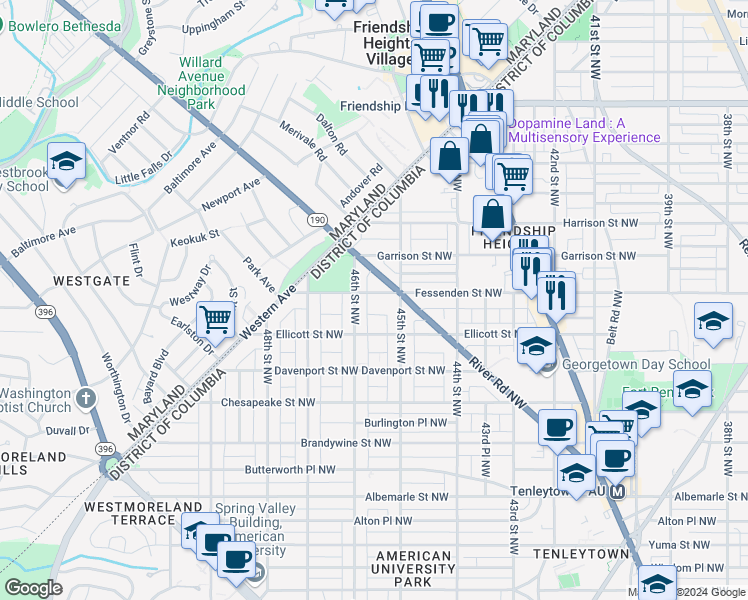 map of restaurants, bars, coffee shops, grocery stores, and more near 4536 Fessenden Street Northwest in Washington