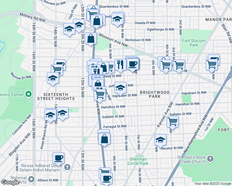 map of restaurants, bars, coffee shops, grocery stores, and more near 829 Ingraham Street Northwest in Washington