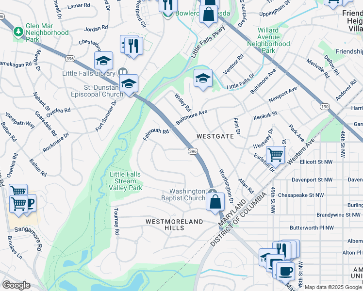 map of restaurants, bars, coffee shops, grocery stores, and more near 4806 Newport Avenue in Bethesda