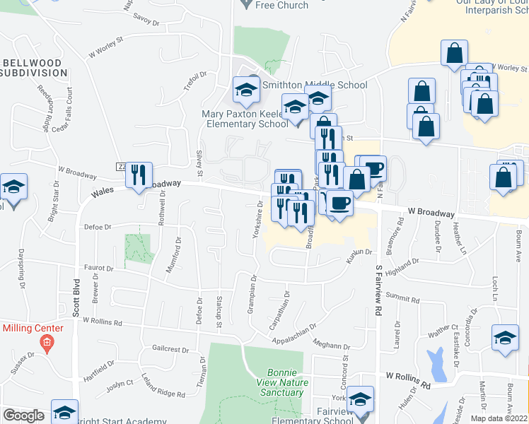 map of restaurants, bars, coffee shops, grocery stores, and more near 10 Yorkshire Drive in Columbia