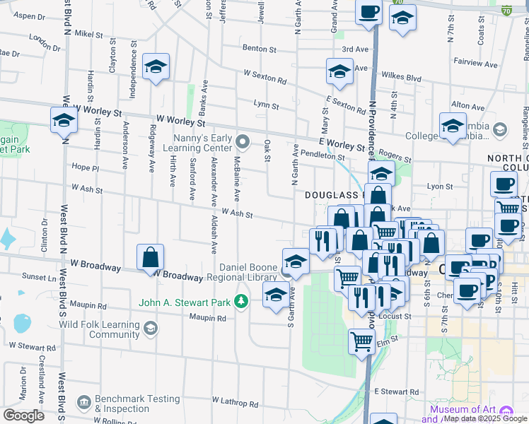 map of restaurants, bars, coffee shops, grocery stores, and more near 129 West Ash Street in Columbia