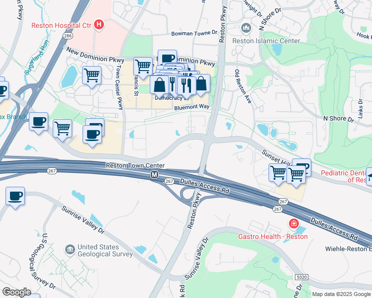 map of restaurants, bars, coffee shops, grocery stores, and more near 12011 Sunset Hills Road in Reston
