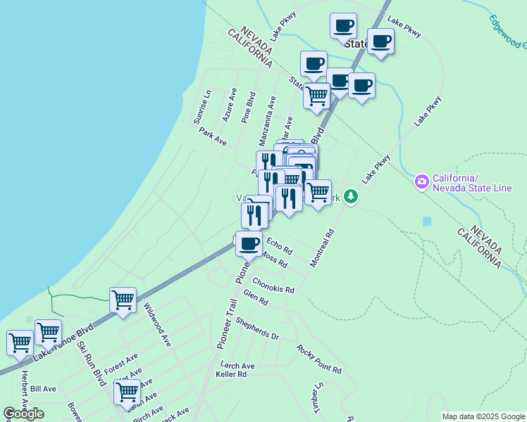 map of restaurants, bars, coffee shops, grocery stores, and more near 4003 Lake Tahoe Boulevard in South Lake Tahoe