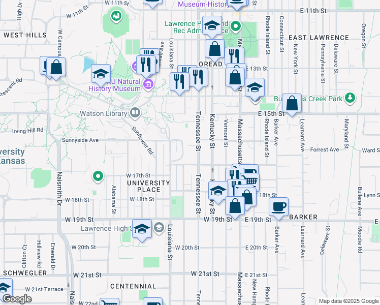 map of restaurants, bars, coffee shops, grocery stores, and more near 1613 Tennessee Street in Lawrence