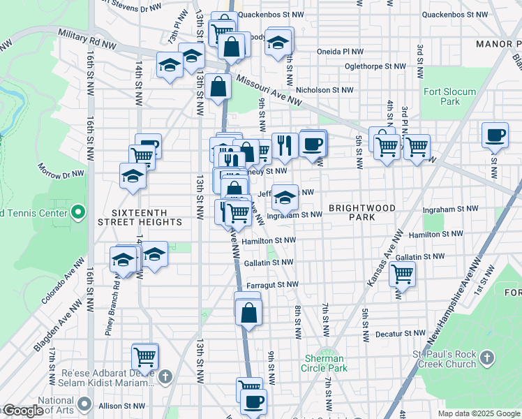 map of restaurants, bars, coffee shops, grocery stores, and more near 5307 Illinois Avenue Northwest in Washington