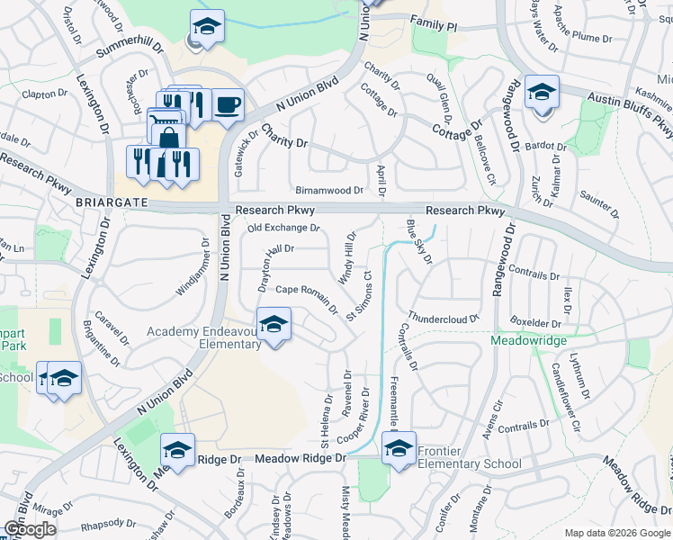 map of restaurants, bars, coffee shops, grocery stores, and more near 8430 Windy Hill Drive in Colorado Springs