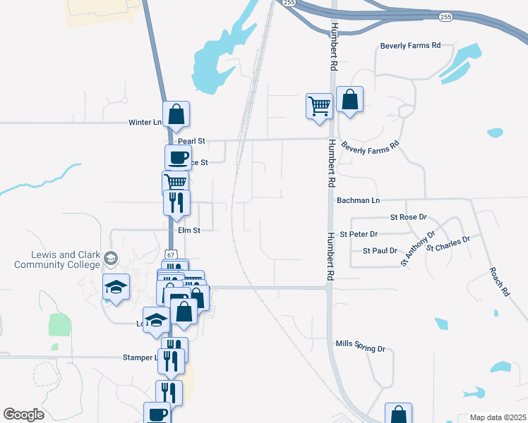 map of restaurants, bars, coffee shops, grocery stores, and more near 309 Gladys Avenue in Godfrey