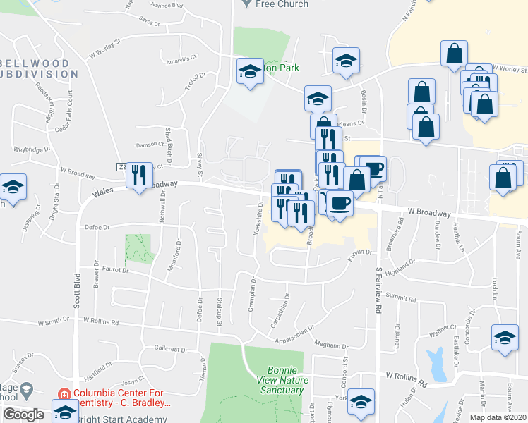 map of restaurants, bars, coffee shops, grocery stores, and more near 3505-3507 Berkshire in Columbia