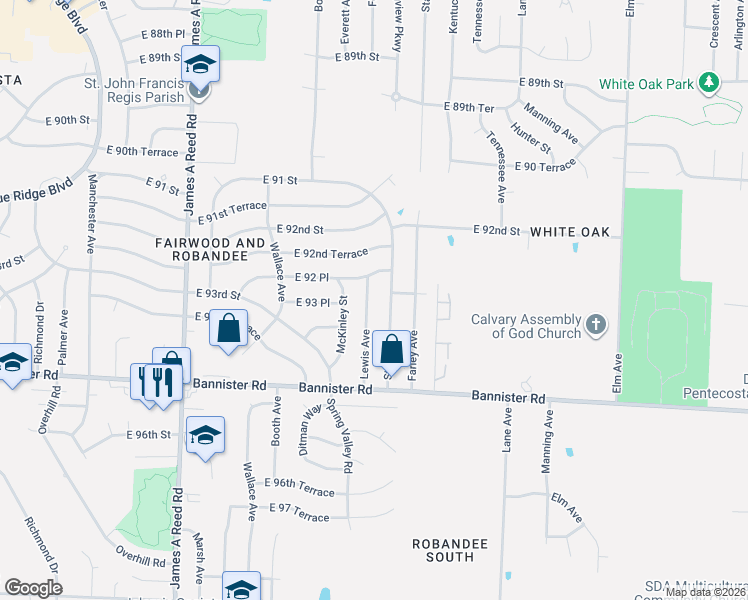 map of restaurants, bars, coffee shops, grocery stores, and more near 8707 East 92 Place in Kansas City