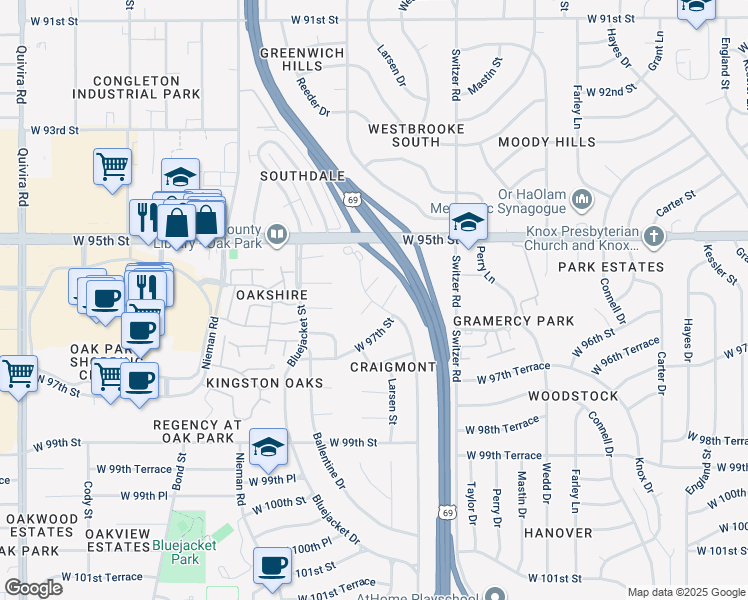 map of restaurants, bars, coffee shops, grocery stores, and more near 9535 West 96th Street in Overland Park