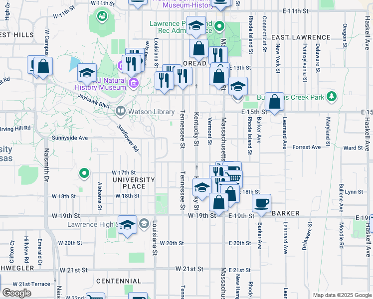 map of restaurants, bars, coffee shops, grocery stores, and more near 1605 Tennessee Street in Lawrence