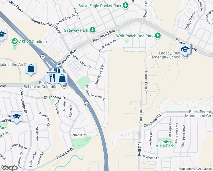 map of restaurants, bars, coffee shops, grocery stores, and more near 8529 Jacks Fork Drive in Colorado Springs