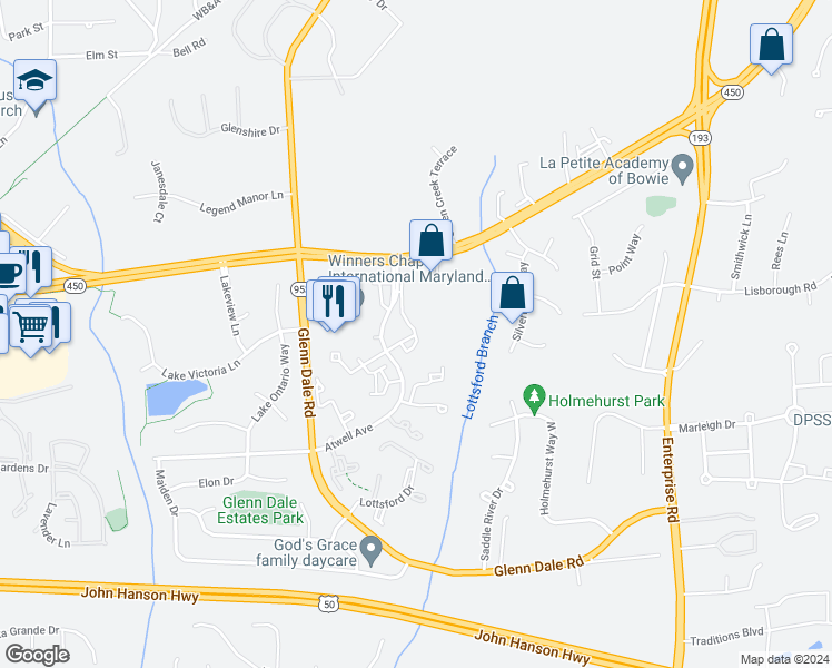 map of restaurants, bars, coffee shops, grocery stores, and more near 4761 River Valley Way in Bowie
