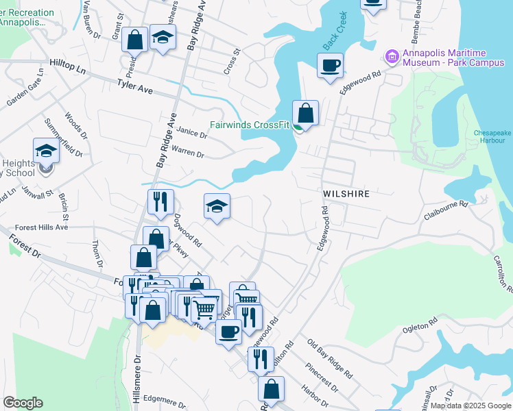 map of restaurants, bars, coffee shops, grocery stores, and more near 73 Windwhisper Lane in Annapolis
