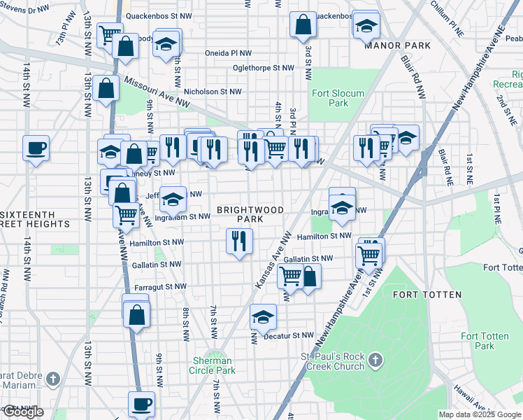 map of restaurants, bars, coffee shops, grocery stores, and more near 437 Ingraham Street Northwest in Washington