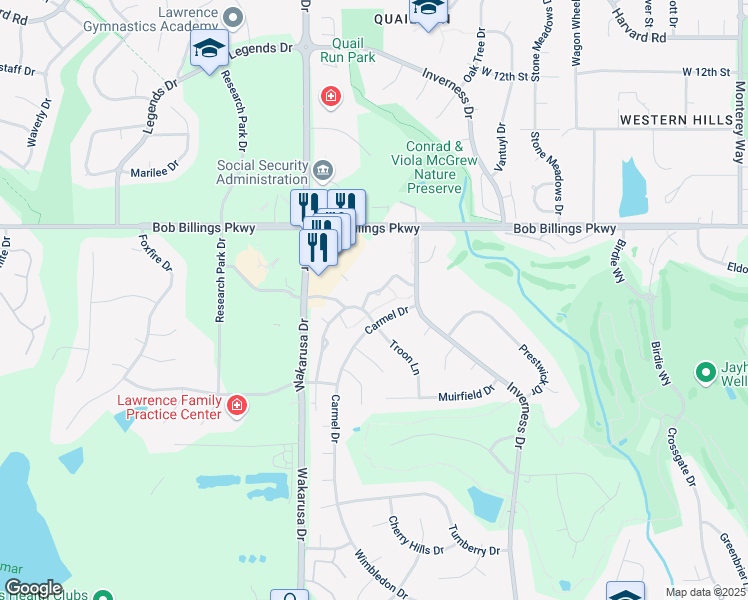 map of restaurants, bars, coffee shops, grocery stores, and more near 4716 Balmoral Drive in Lawrence