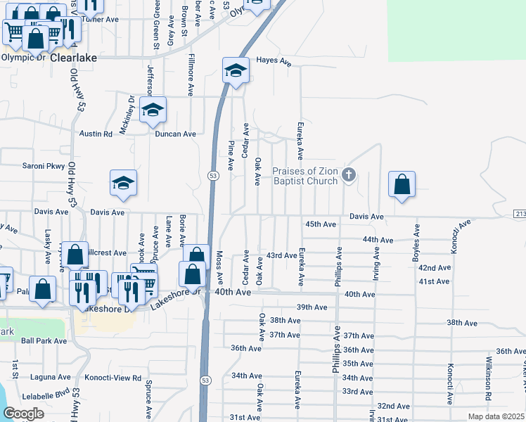 map of restaurants, bars, coffee shops, grocery stores, and more near 3980 Oak Avenue in Clearlake