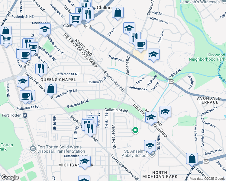 map of restaurants, bars, coffee shops, grocery stores, and more near 5133 12th Street Northeast in Washington