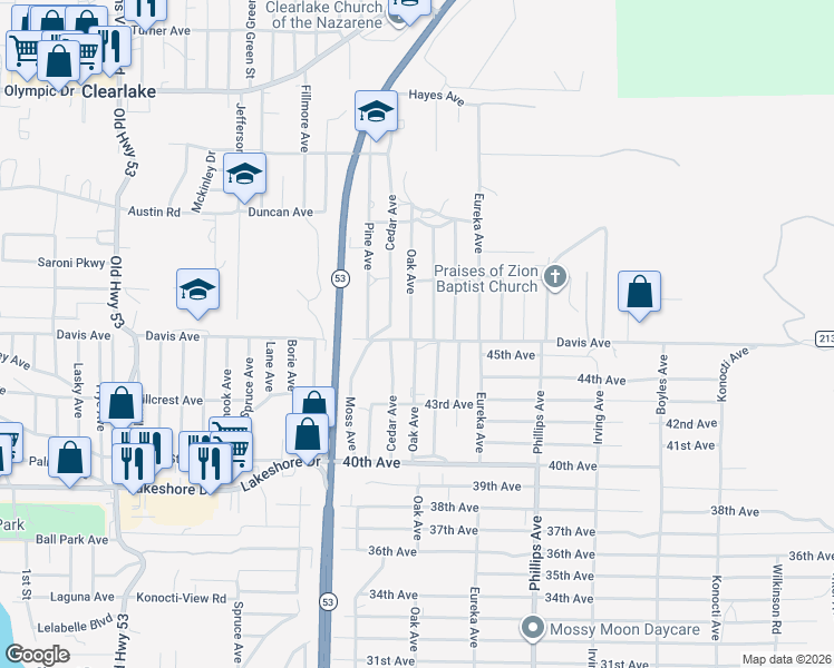 map of restaurants, bars, coffee shops, grocery stores, and more near 3980 Oak Avenue in Clearlake