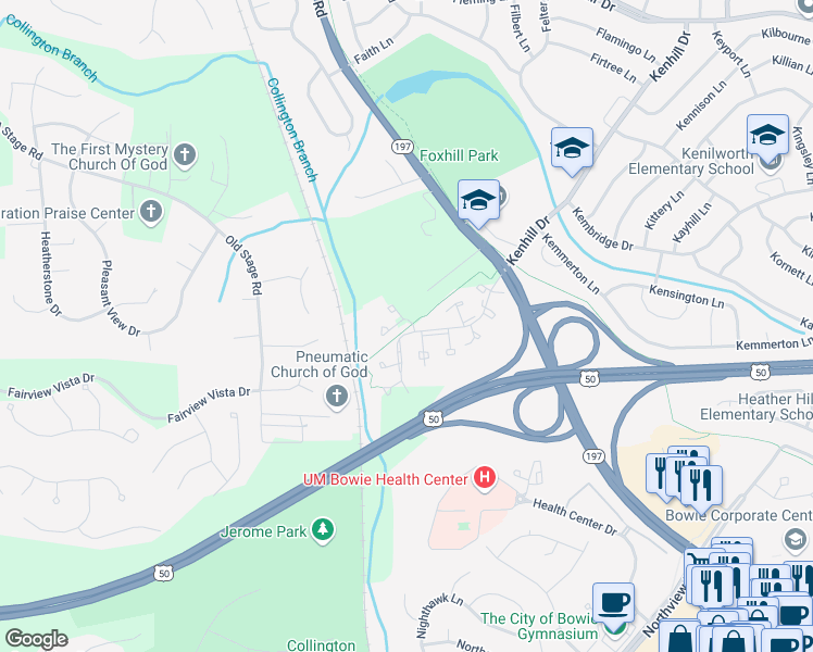 map of restaurants, bars, coffee shops, grocery stores, and more near 14502 London Lane in Bowie