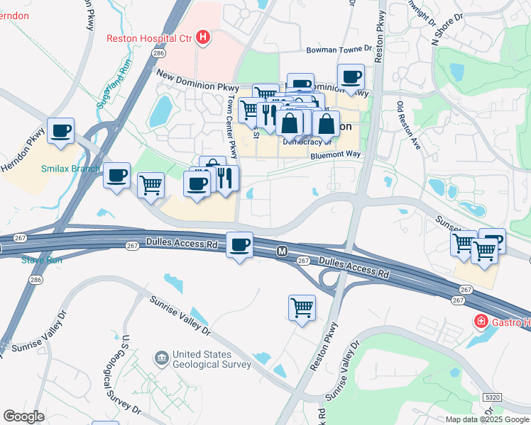 map of restaurants, bars, coffee shops, grocery stores, and more near 1975 Opportunity Way in Reston