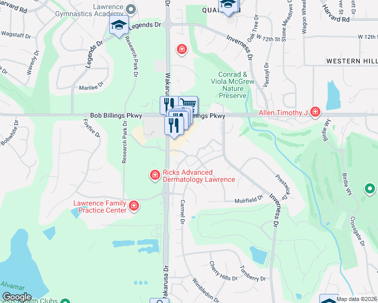 map of restaurants, bars, coffee shops, grocery stores, and more near 1501 Inverness Drive in Lawrence