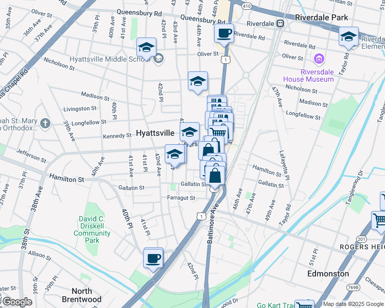 map of restaurants, bars, coffee shops, grocery stores, and more near 5311 43rd Avenue in Hyattsville