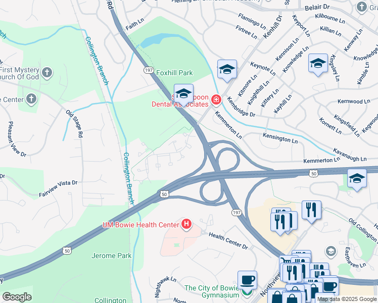 map of restaurants, bars, coffee shops, grocery stores, and more near 14909 London Lane in Bowie
