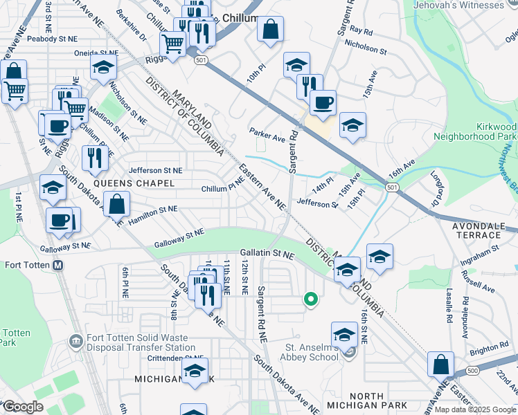map of restaurants, bars, coffee shops, grocery stores, and more near 5133 12th Street Northeast in Washington