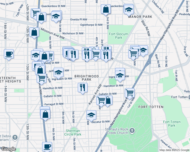 map of restaurants, bars, coffee shops, grocery stores, and more near 413 Ingraham Street Northwest in Washington