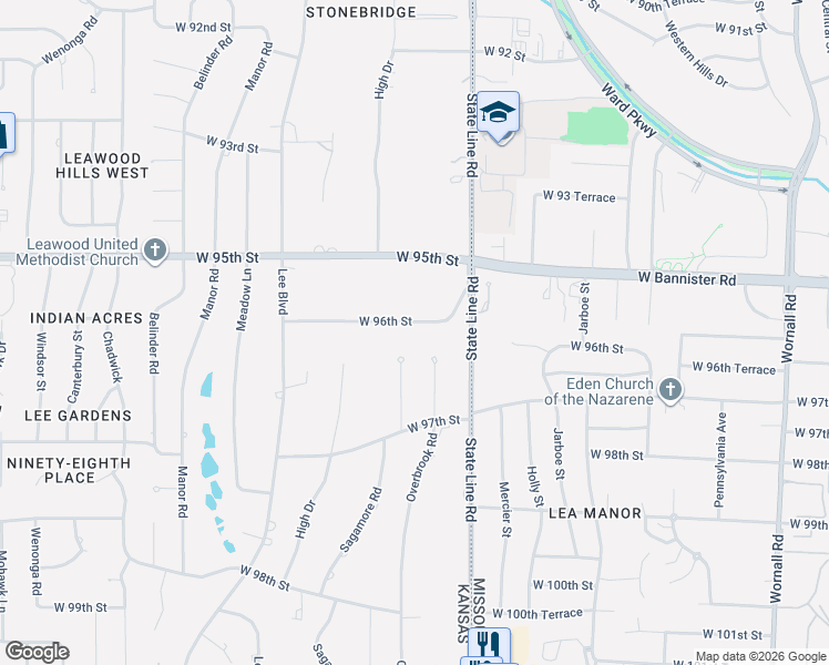 map of restaurants, bars, coffee shops, grocery stores, and more near 2028 West 96th Street in Leawood