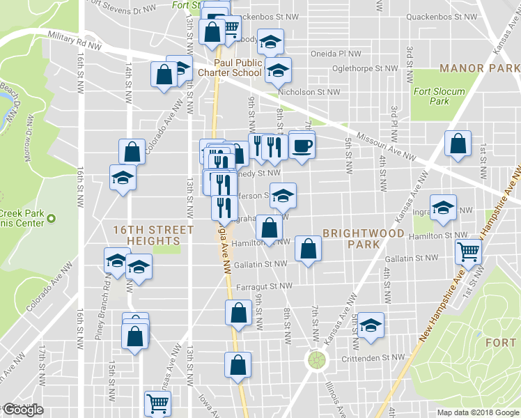 map of restaurants, bars, coffee shops, grocery stores, and more near 5309 9th Street Northwest in Washington